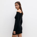 Damen Elegantes figurbetontes Kleid mit asymmetrischem Ausschnitt und langen Ärmeln R&B