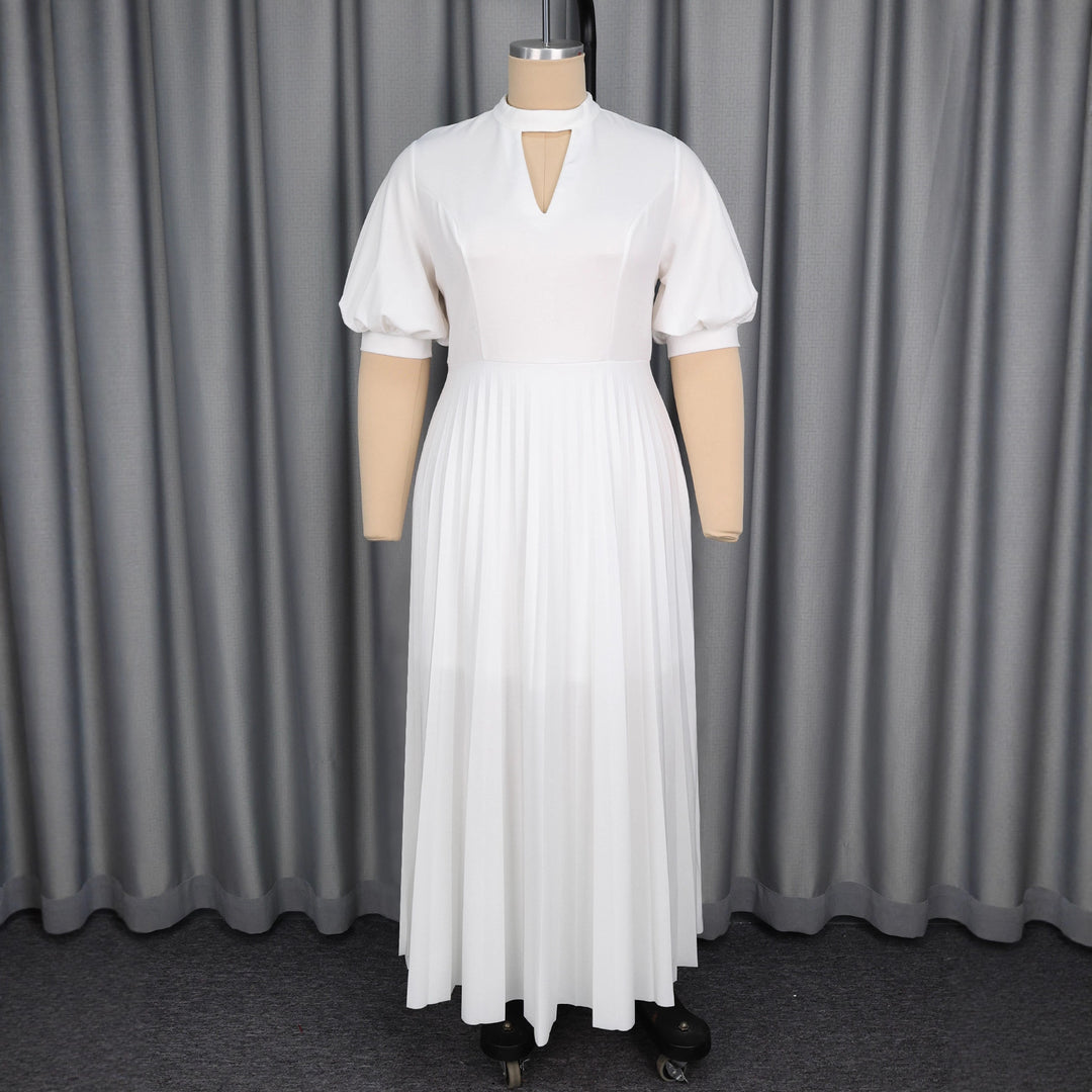 Damen elegantes Maxikleid mit plissiertem Rock und modischem Schlüssel-Ausschnitt R&B
