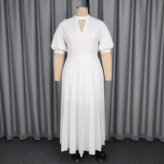 Damen elegantes Maxikleid mit plissiertem Rock und modischem Schlüssel-Ausschnitt R&B