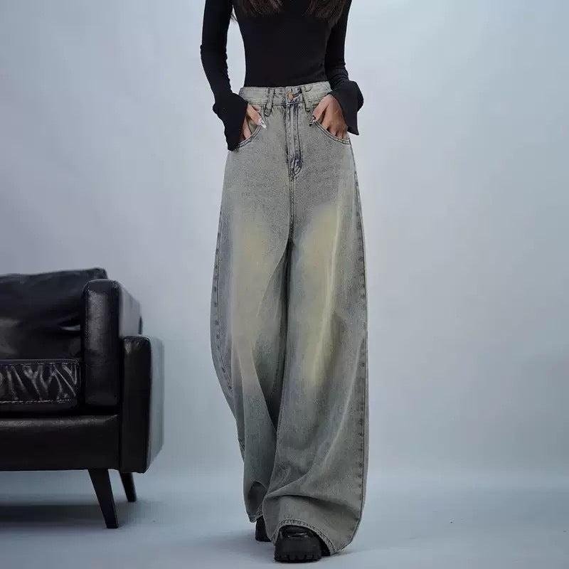 Damen trendige Baggy-Jeans mit hohem Bund und weiten Beinen R&B