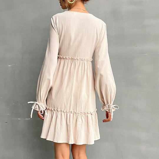 Damen lässiges Minikleid mit knöpfbarem V-Ausschnitt und voluminösen Ärmeln R&B