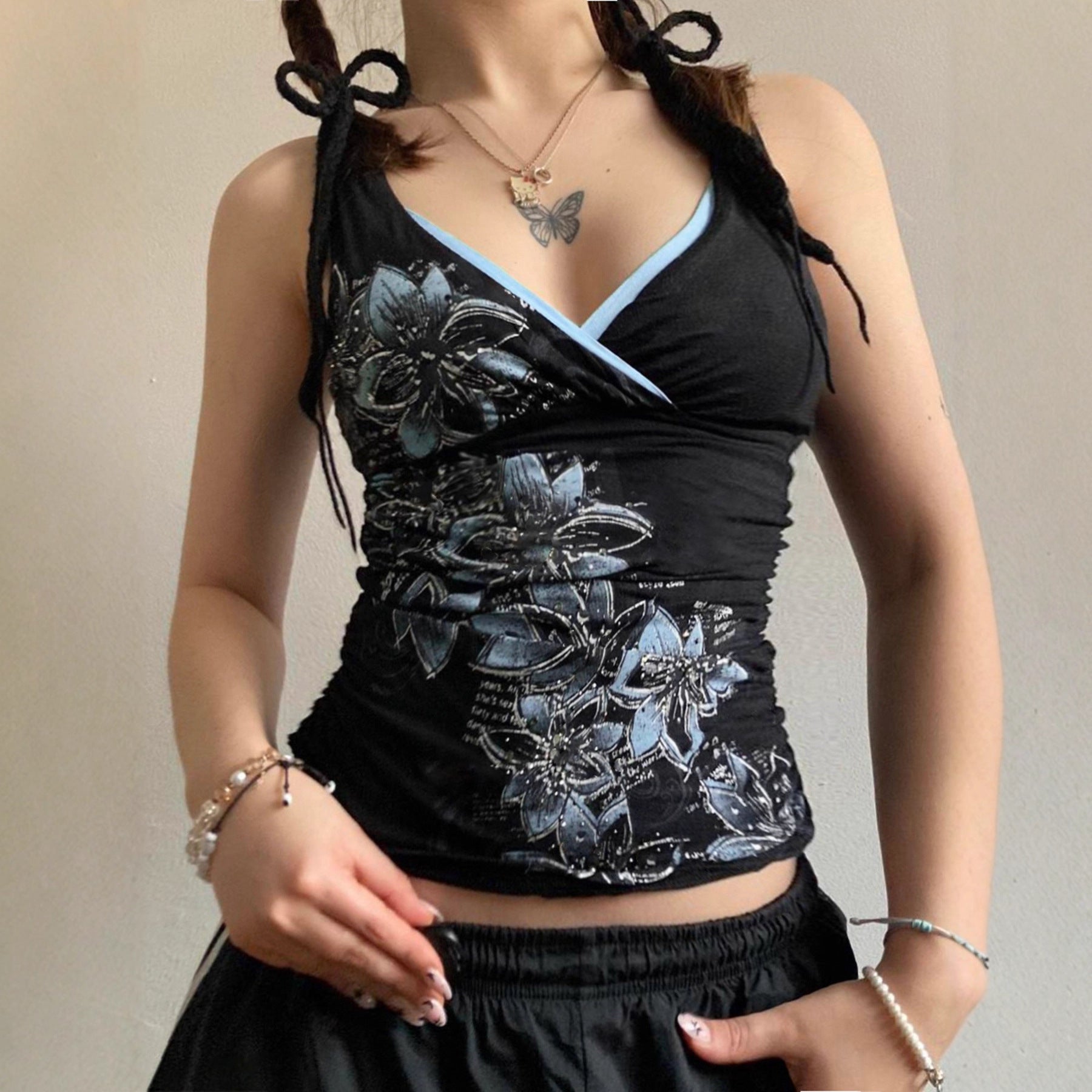 Damen Spaghetti-Trägertop mit floralem Druck und elegantem V-Ausschnitt R&B