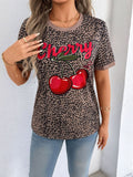 Damen lässiges T-Shirt mit Leopardenmuster und frischem Kirschen-Print R&B