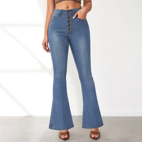 Damen Flared Jeans mit hohem Bund und Knopfdetail R&B