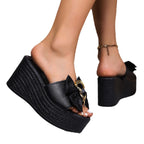 Damen Wedge-Pantoletten mit dekorativem Schleifen-Detail und goldener Kettenapplikation R&B