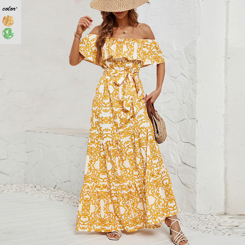 Damen Maxikleid mit schulterfreiem Design, frischem Blätterdruck und elastischer Taillierung R&B