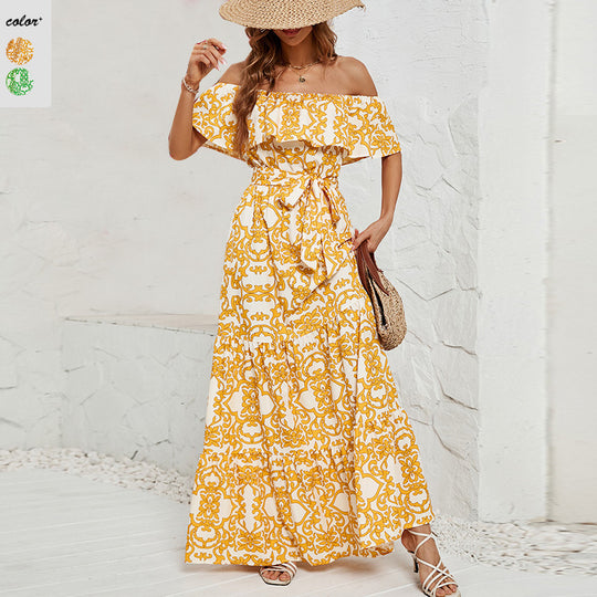 Damen Maxikleid mit schulterfreiem Design, frischem Blätterdruck und elastischer Taillierung R&B