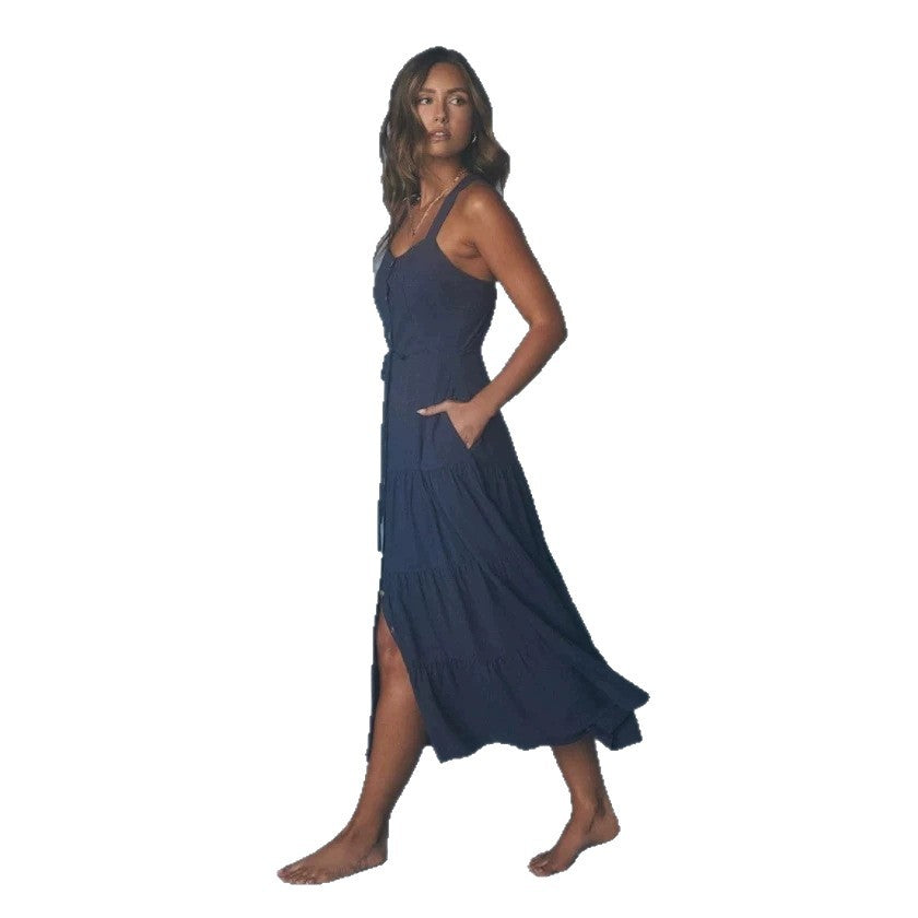 Damen Maxikleid mit nostalgischem Knopfverschluss und verstellbaren Trägern R&B