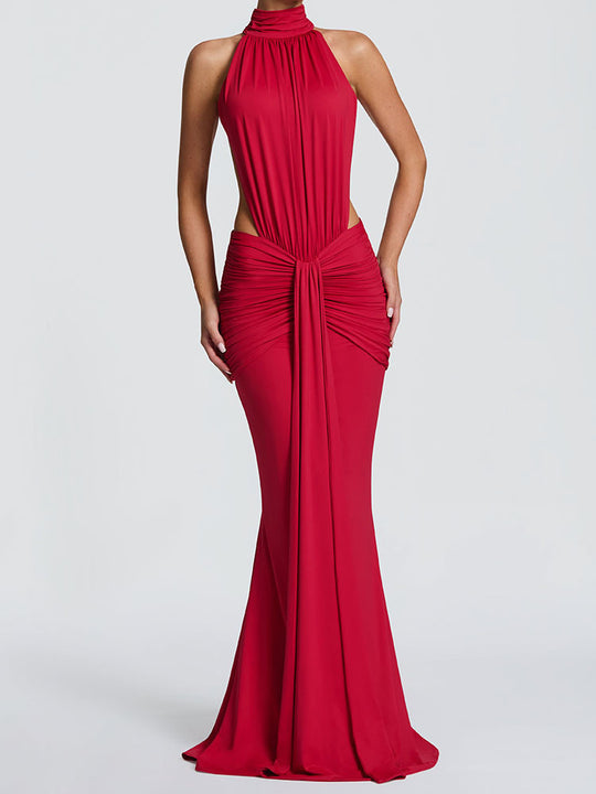Damen Elegantes Maxikleid mit drapiertem Vorderteil und hochgeschlossenem Design R&B