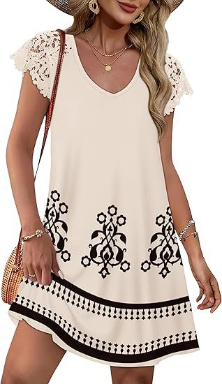 Damen Sommerkleid mit eleganten Spitzenärmeln und floralem Muster R&B