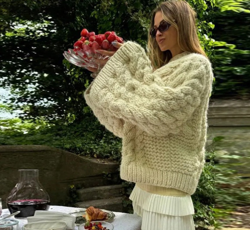 Damen oversize Strickpullover mit Zopfstrickmuster R&B