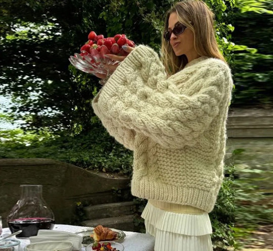 Damen oversize Strickpullover mit Zopfstrickmuster R&B