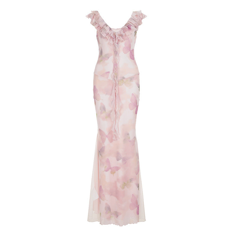 Damen Maxikleid aus transparentem Chiffon mit Rüschendetails und floralem Design R&B
