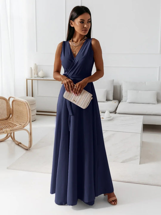 Damen Wickel-Maxikleid mit tiefem V-Ausschnitt und fließendem Schnitt R&B