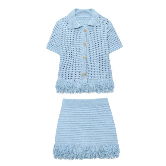 Damen Kurzarm-Strickjacke mit fransigem Saum und dekorativen Knöpfen R&B