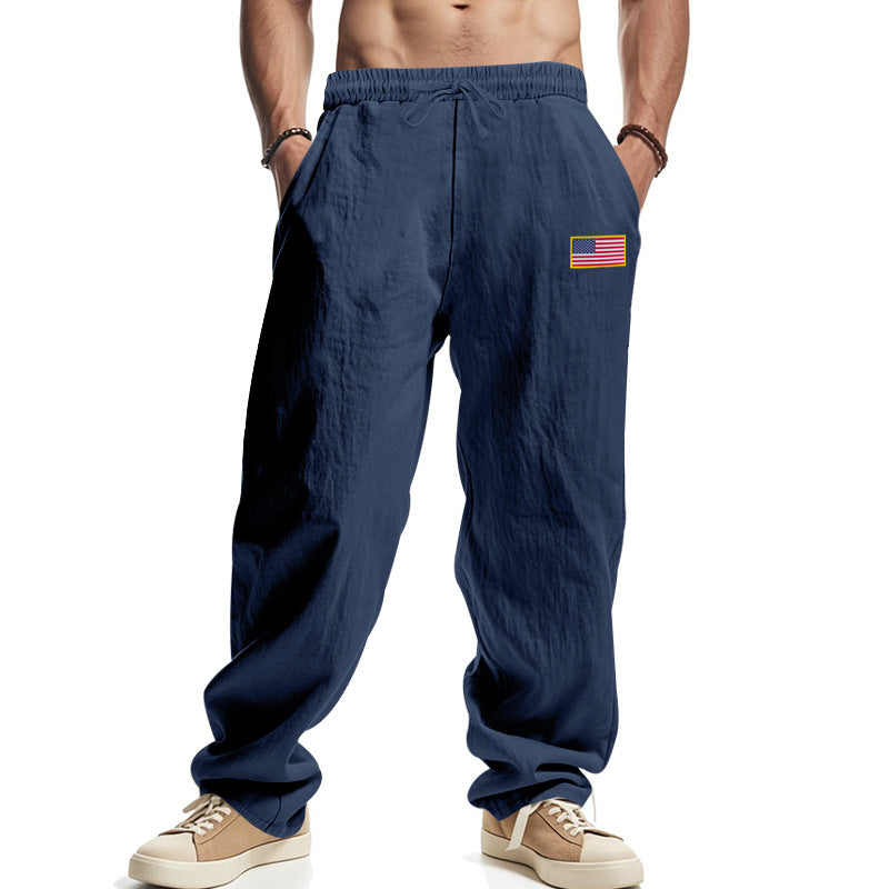 Herren nan lockere Baumwoll-Leinen Freizeithose mit elastischem Bund Kordelzug und dezenter Flaggen-Applikation R&B