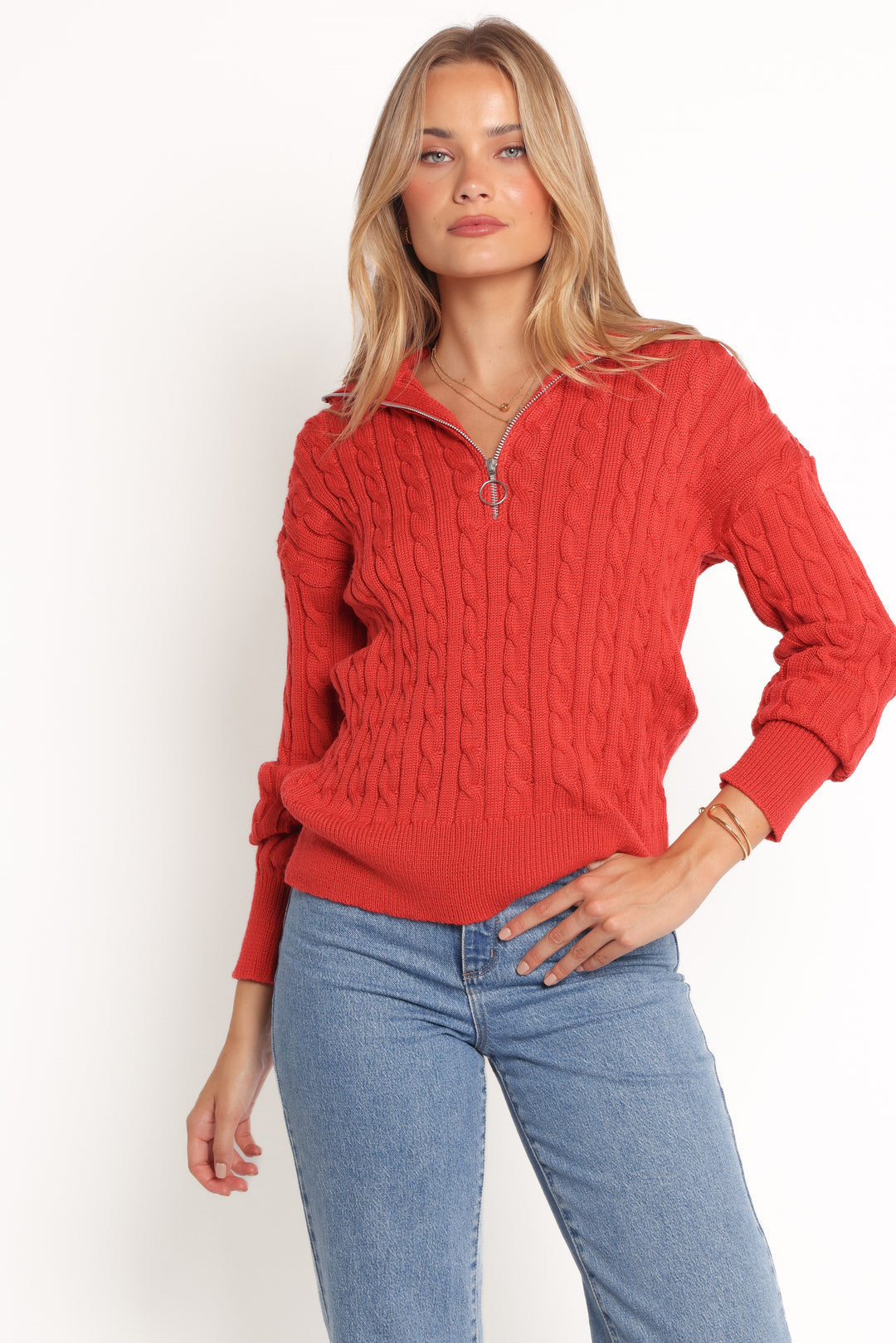 Damen Strickpullover mit elegantem Kabelmuster und modischem Stehkragen R&B
