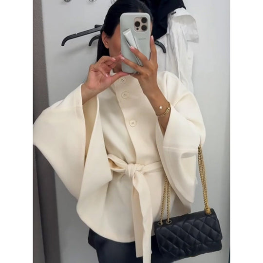 Damen elegante Cape-Jacke mit Knoten-Detail und voluminösen Ärmeln R&B