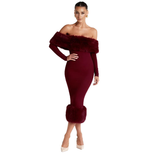 Damen Figurbetontes Kleid mit abnehmbaren Kunstfell-Akzenten R&B