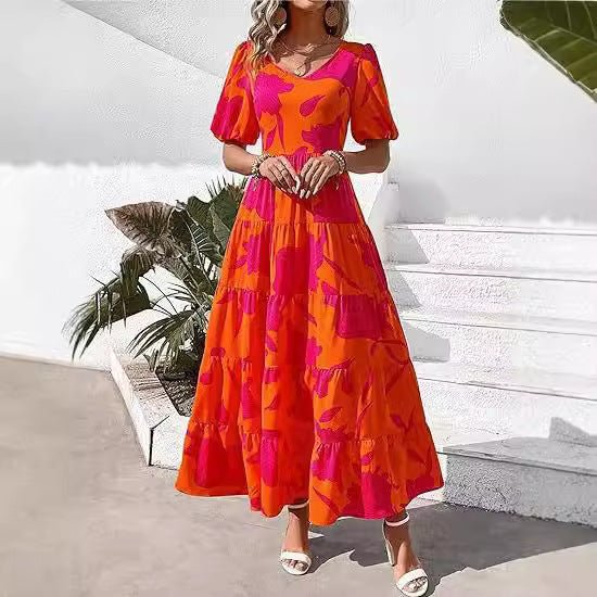 Damen Maxikleid mit Puffärmeln und Rüschendetails R&B