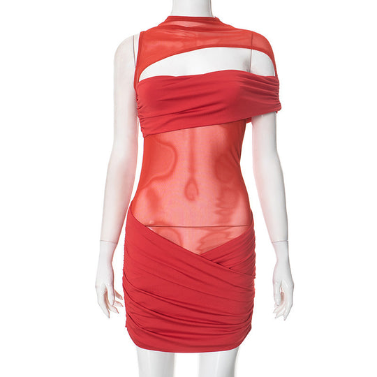 Damen figurbetontes Mesh-Kleid mit asymmetrischem Schnitt und Raffung R&B