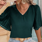 Damen Bluse mit Eleganten Schulterfreien Puffärmeln und V-Ausschnitt R&B