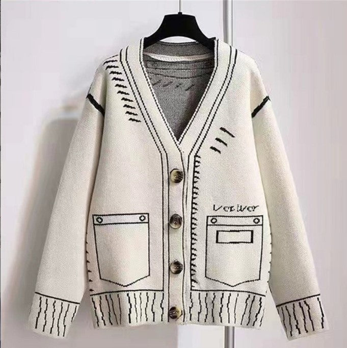 Damen Oversized Strickjacke mit kreativem Design und großen Knöpfen R&B