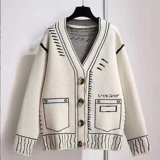 Damen Oversized Strickjacke mit kreativem Design und großen Knöpfen R&B