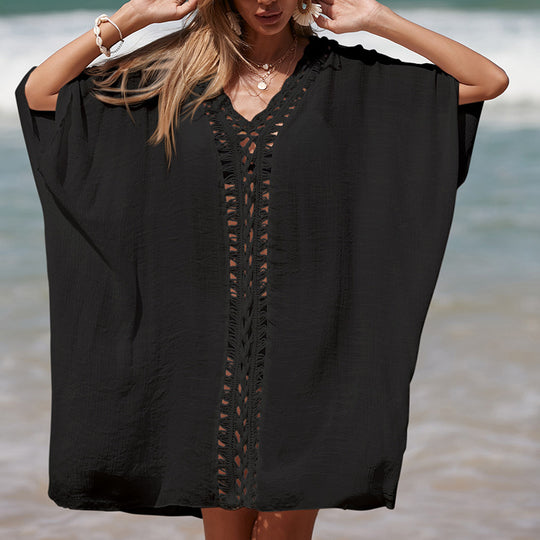 Damen eleganter Strandponcho mit raffinierten Häkelakzenten und tiefem V-Ausschnitt R&B