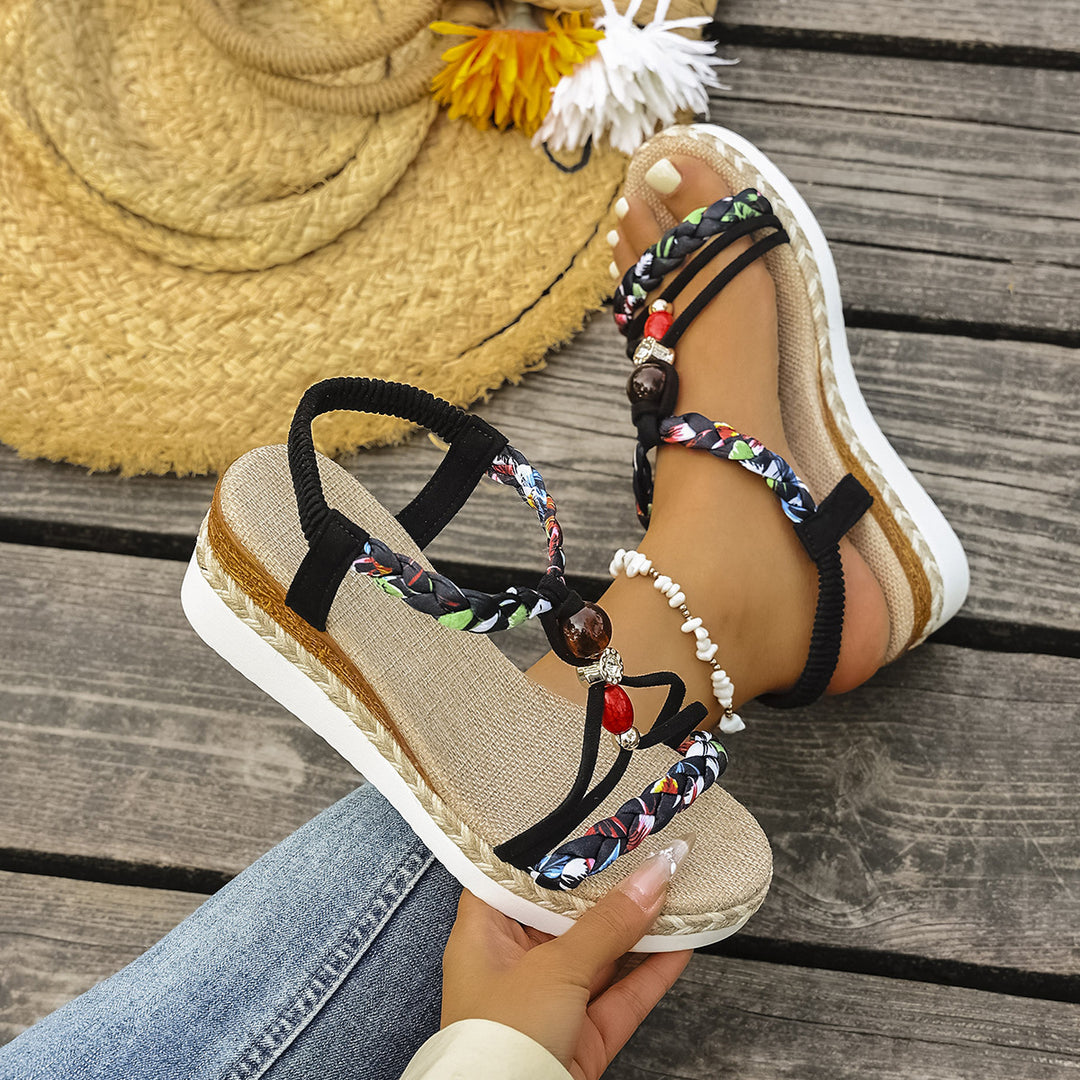 Damen Wedge-Sandaletten mit farbenfrohen Perlen und geflochtenem Riemendesign R&B