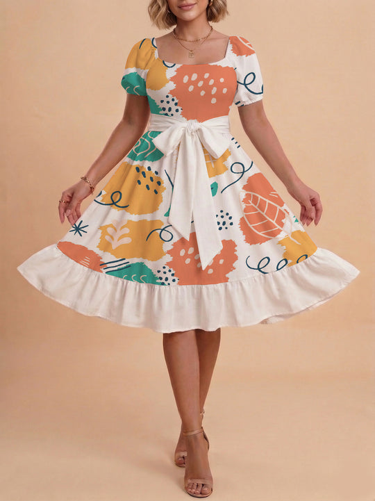 Damen Sommerkleid mit floralem Puffärmel und taillierbarem Gürtel R&B