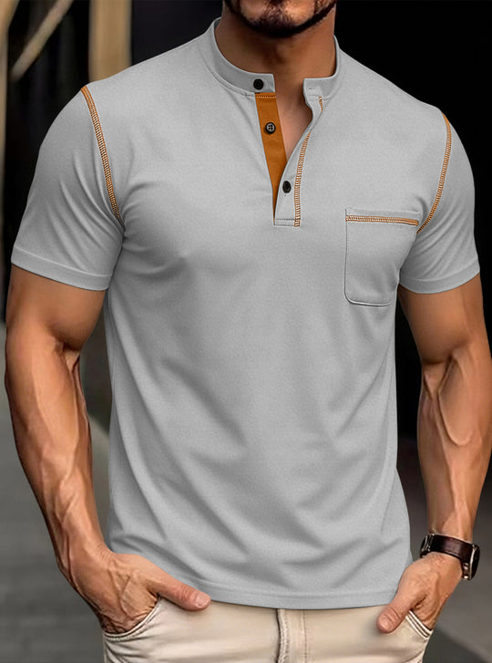 Herren nan modernes Kurzarm-Henley mit Stehkragen, Kontrastnähten und aufgesetzter Brusttasche R&B