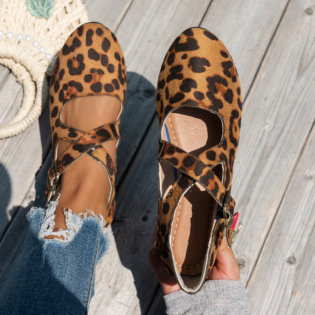 Damen Ballerinas mit Riemchen und Leopardenmuster R&B