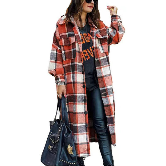 Damen Langarm-Wolljacke mit Karomuster und praktischen Taschen R&B