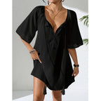 Damen Häkelstrandkleid mit elegantem V-Ausschnitt und luftigen Ärmeln R&B
