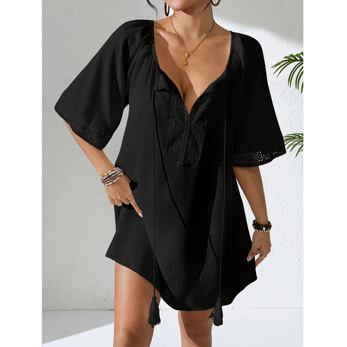 Damen Häkelstrandkleid mit elegantem V-Ausschnitt und luftigen Ärmeln R&B