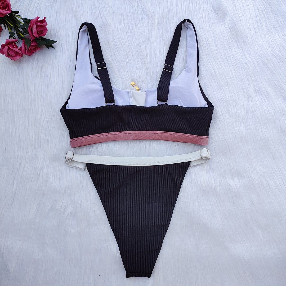 Damen Sport-Bikini-Set mit Reißverschluss und farblich abgesetzten Details R&B