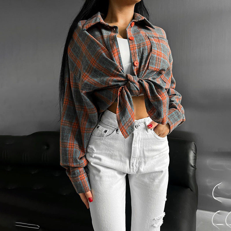 Damen Karomuster Crop-Hemd mit Bindeband und lässigem Schnitt EB