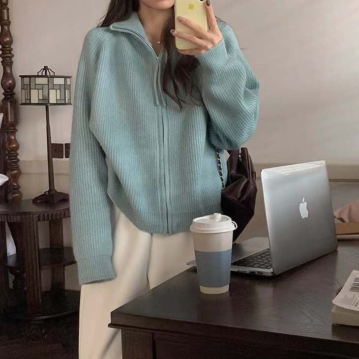 Damen Strickjacke mit hohem Kragen und durchgehendem Reißverschluss R&B