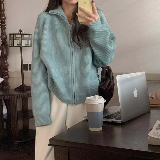 Damen Strickjacke mit hohem Kragen und durchgehendem Reißverschluss R&B
