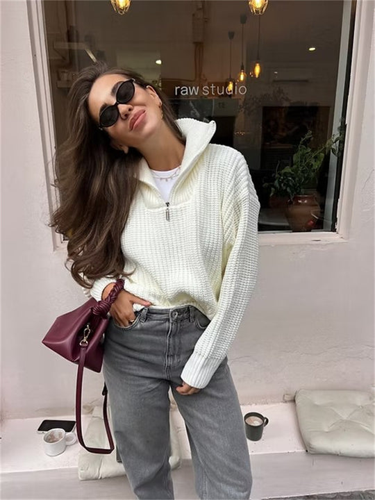 Damen Grober Strickpullover mit hohem Kragen und Reißverschluss R&B