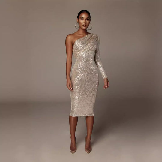 Damen Glitzerndes Etuikleid mit asymmetrischem Ausschnitt und langem Arm R&B