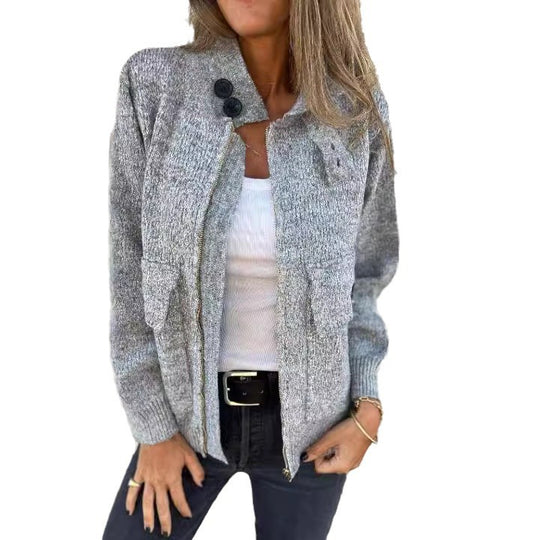 Damen weiche Strickjacke mit wärmeisolierendem Kragen und aufgesetzten Taschen R&B