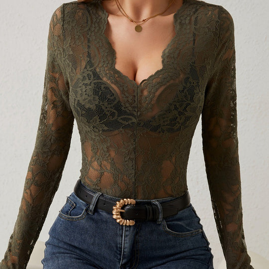 Damen Spitzen-Bodysuit mit tiefem V-Ausschnitt und transparenten Ärmeln R&B