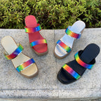 Damen Plateau-Sandalen mit regenbogenfarbenem Glanz und bequemem Absatz R&B