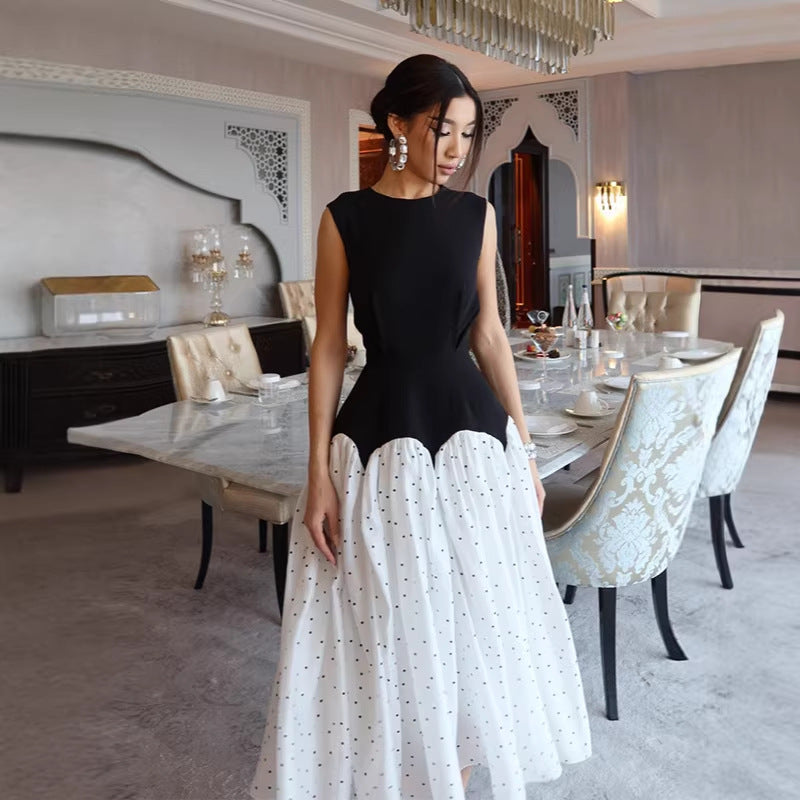 Damen elegantes Maxikleid mit gepunktetem Rockteil und tailliertem Oberteil R&B