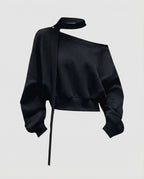 Lässiges Korea-Sweatshirt für Damen schulterfrei mit Bändern in Schwarz