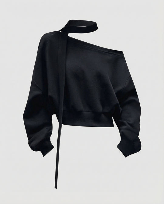 Lässiges Korea-Sweatshirt für Damen schulterfrei mit Bändern in Schwarz