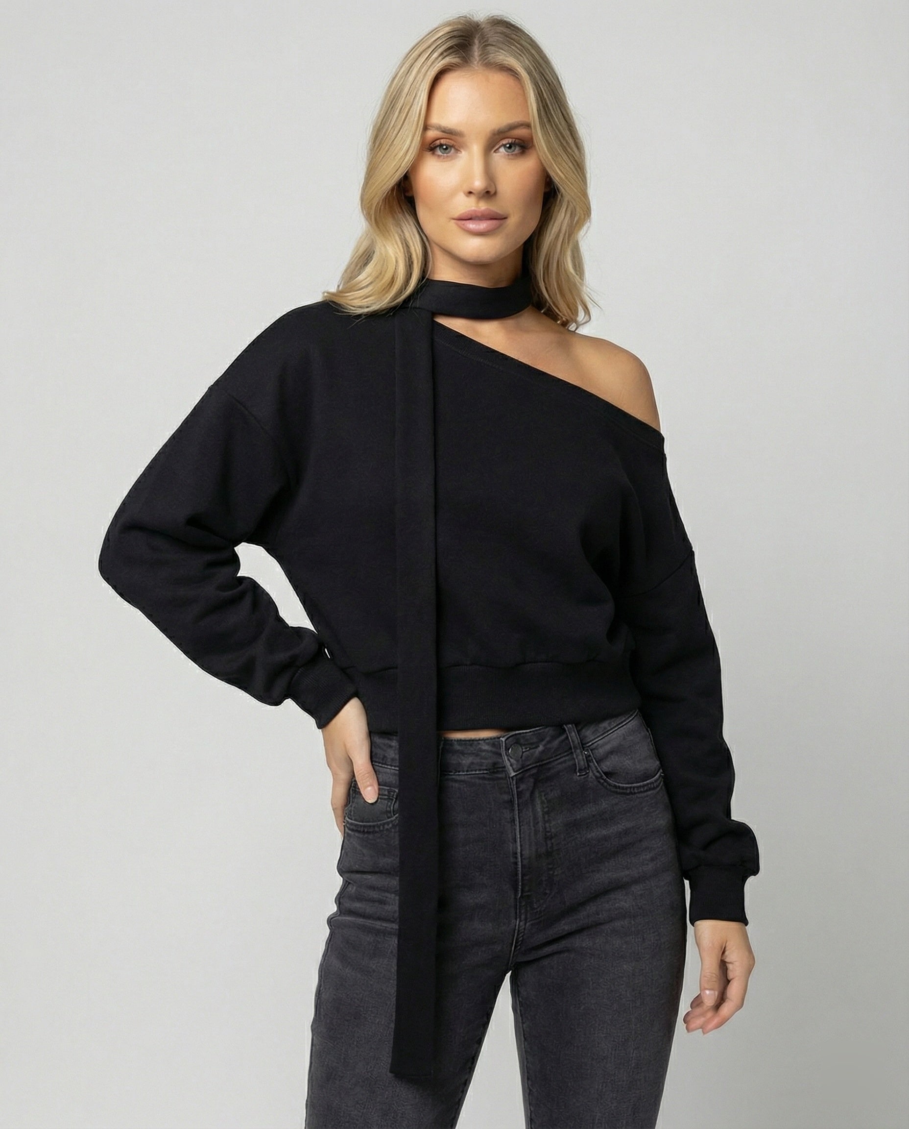 Lässiges Korea-Sweatshirt für Damen schulterfrei mit Bändern in Schwarz