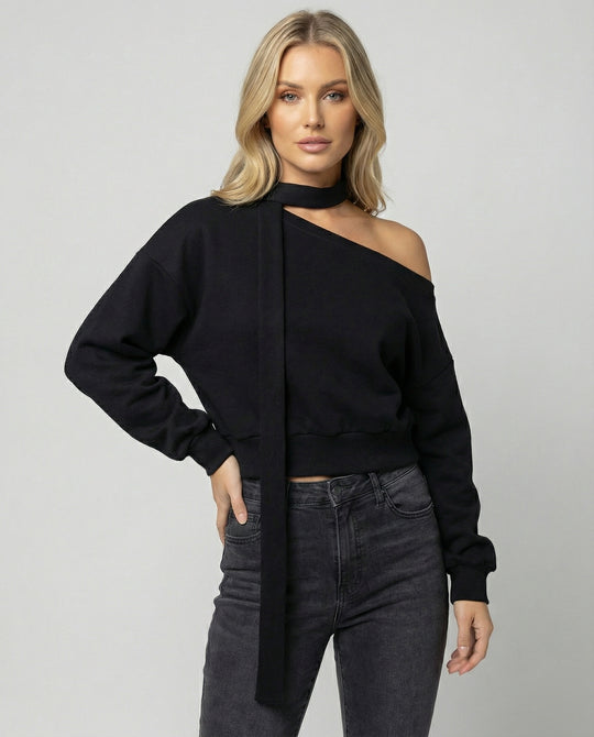 Lässiges Korea-Sweatshirt für Damen schulterfrei mit Bändern in Schwarz